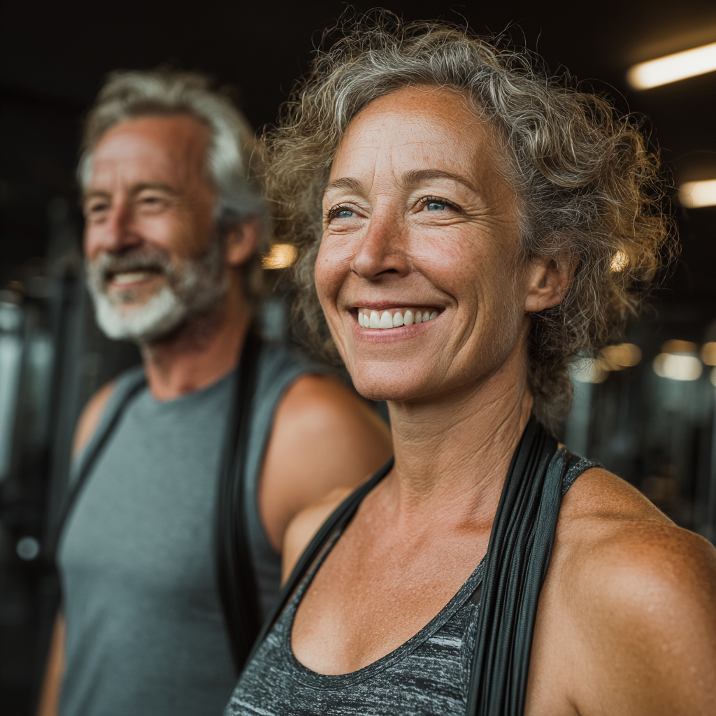 Happy mature couple in their 50s participating in group fitness class, smiling while doing exercises with resistance bands in modern gym setting