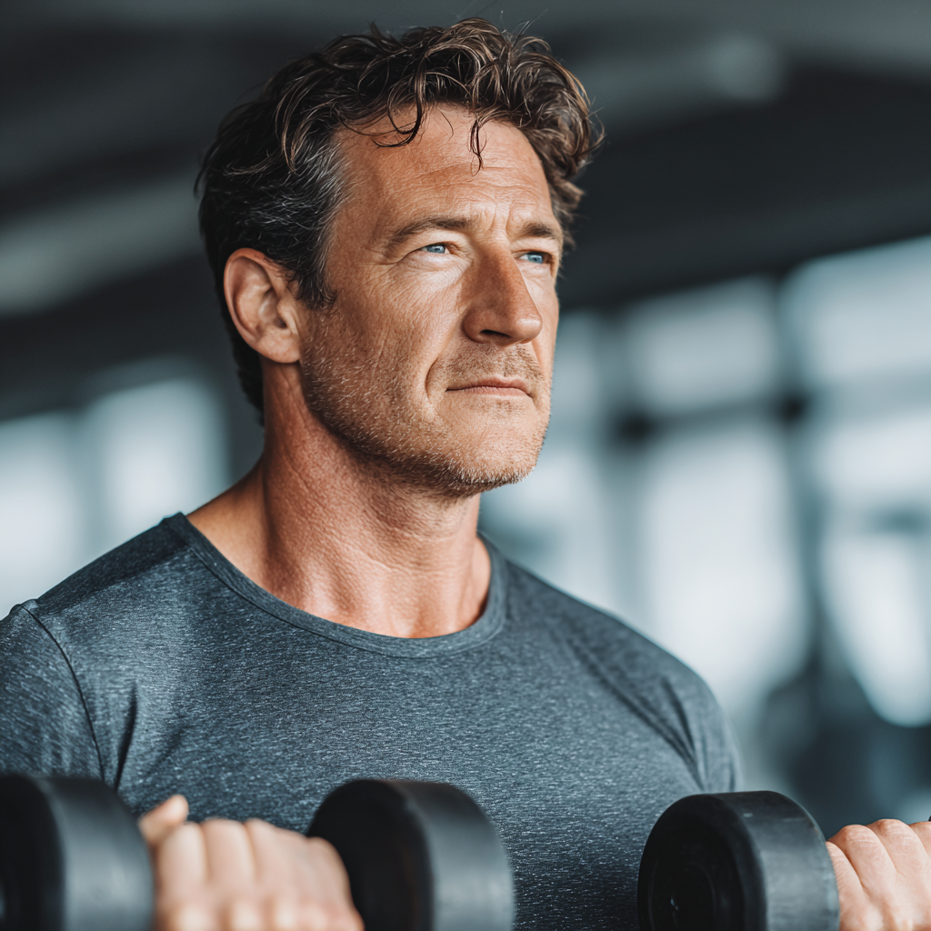 Middle-aged man doing strength training with dumbbells in modern gym, focused expression, athletic wear