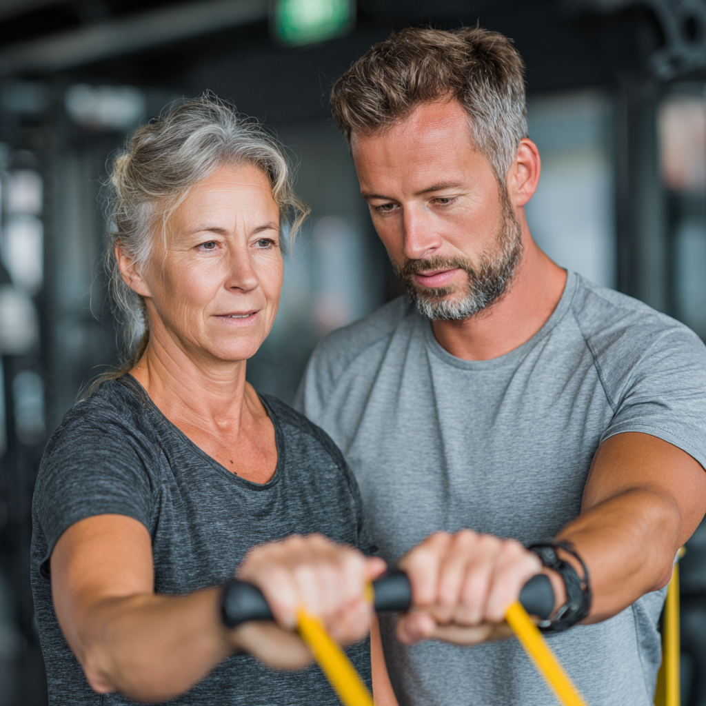 Professional trainer working with a woman in her 50s using resistance bands, demonstrating proper form in bright fitness studio